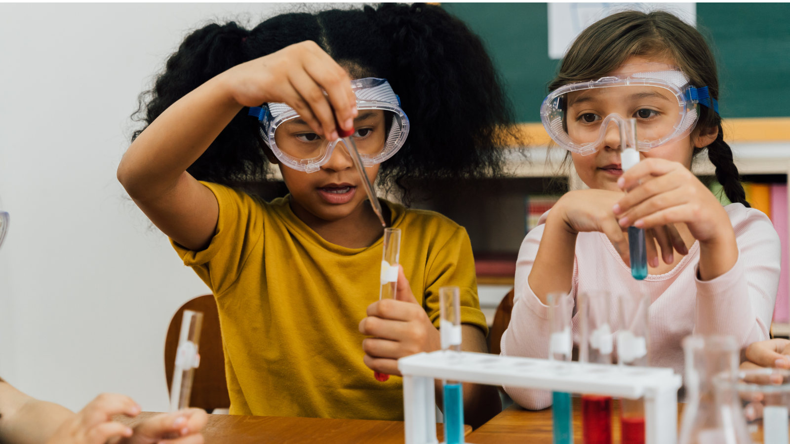 Young female students looking at test tubes