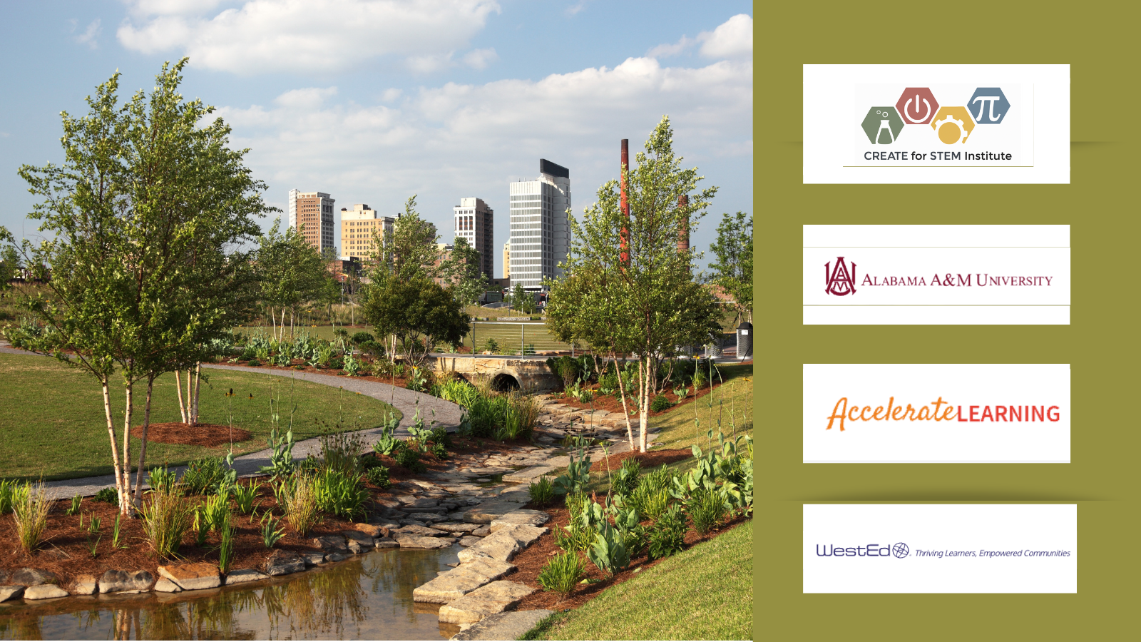 Photo of a downtown in Alabama, CREATE logo; Alabama A&M logo; Accelerate Learning logo, and WestEd logo