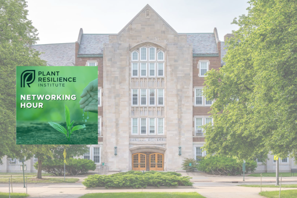 Photo of Nat Sci bldg; Plant Resilience Institute logo