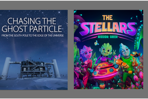 Chasing the Ghost Particle with image of space station on snowbank and The Stellars, with multicolored aliens standing next to spaceship