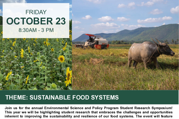 Flyer for the 2026 ESPP Student Research Symposium on Friday, Oct. 23, from 8:30 AM to 3 PM, with the theme "Sustainable Food Systems." It shows farm scenes with dairy cows, a sunflower field and a water buffalo beside a harvester, plus a QR code to register or submit an abstract by Sept. 30, 2026.