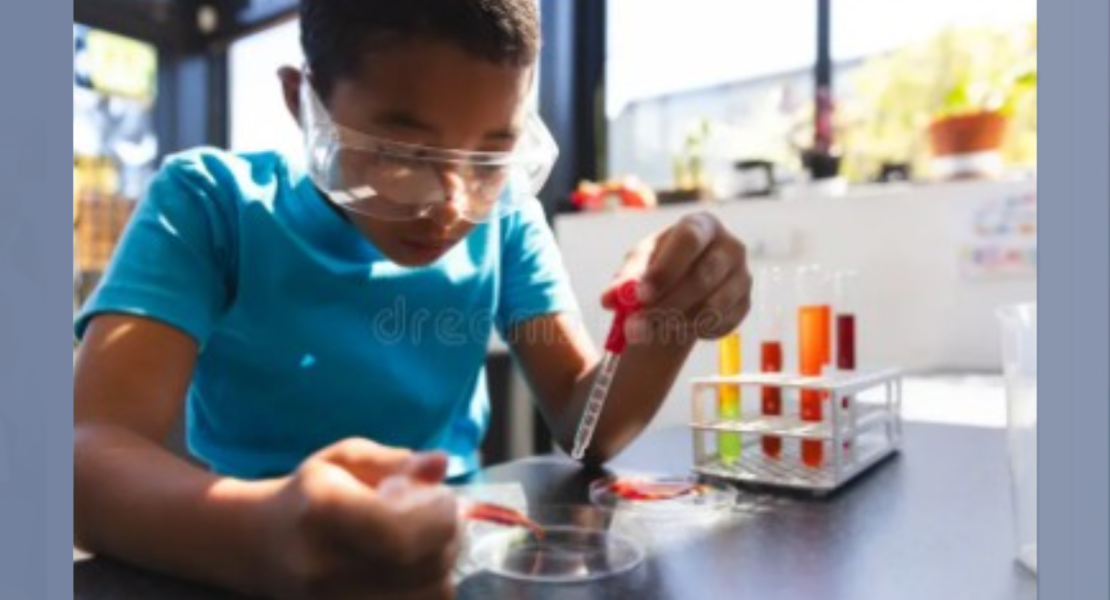 Black middle school male student doing experiment with test tubes