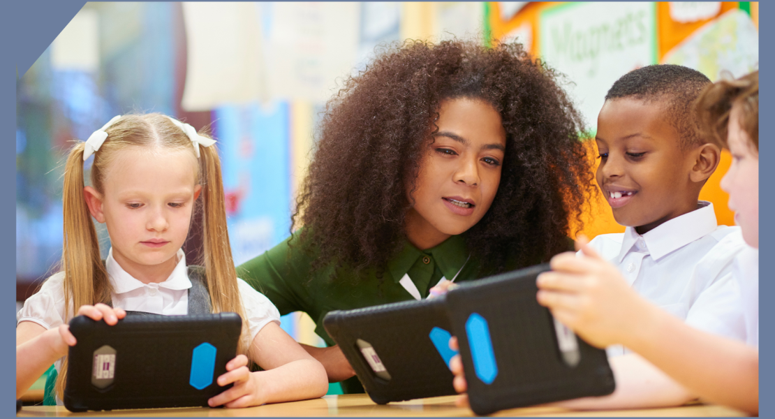 Black female teacher with two young students