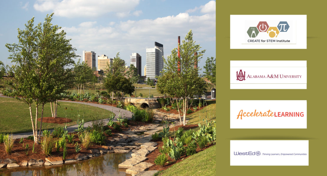Photo of a downtown in Alabama, CREATE logo; Alabama A&M logo; Accelerate Learning logo, and WestEd logo