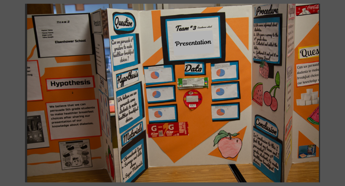 Photo of student presentation board with Hypothesis, Data, Questions, and Conclusion categories