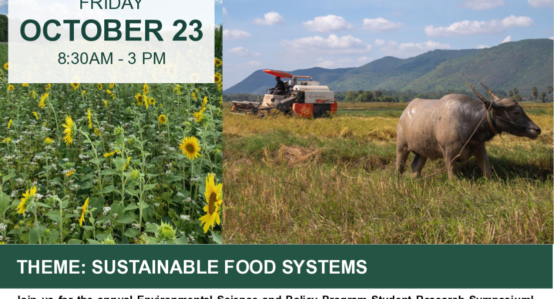Flyer for the 2026 ESPP Student Research Symposium on Friday, Oct. 23, from 8:30 AM to 3 PM, with the theme "Sustainable Food Systems." It shows farm scenes with dairy cows, a sunflower field and a water buffalo beside a harvester, plus a QR code to register or submit an abstract by Sept. 30, 2026.