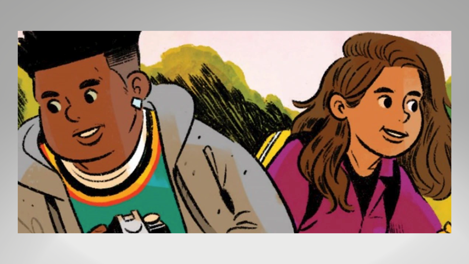 Comic  picture of african-american male student and white female student otuside
