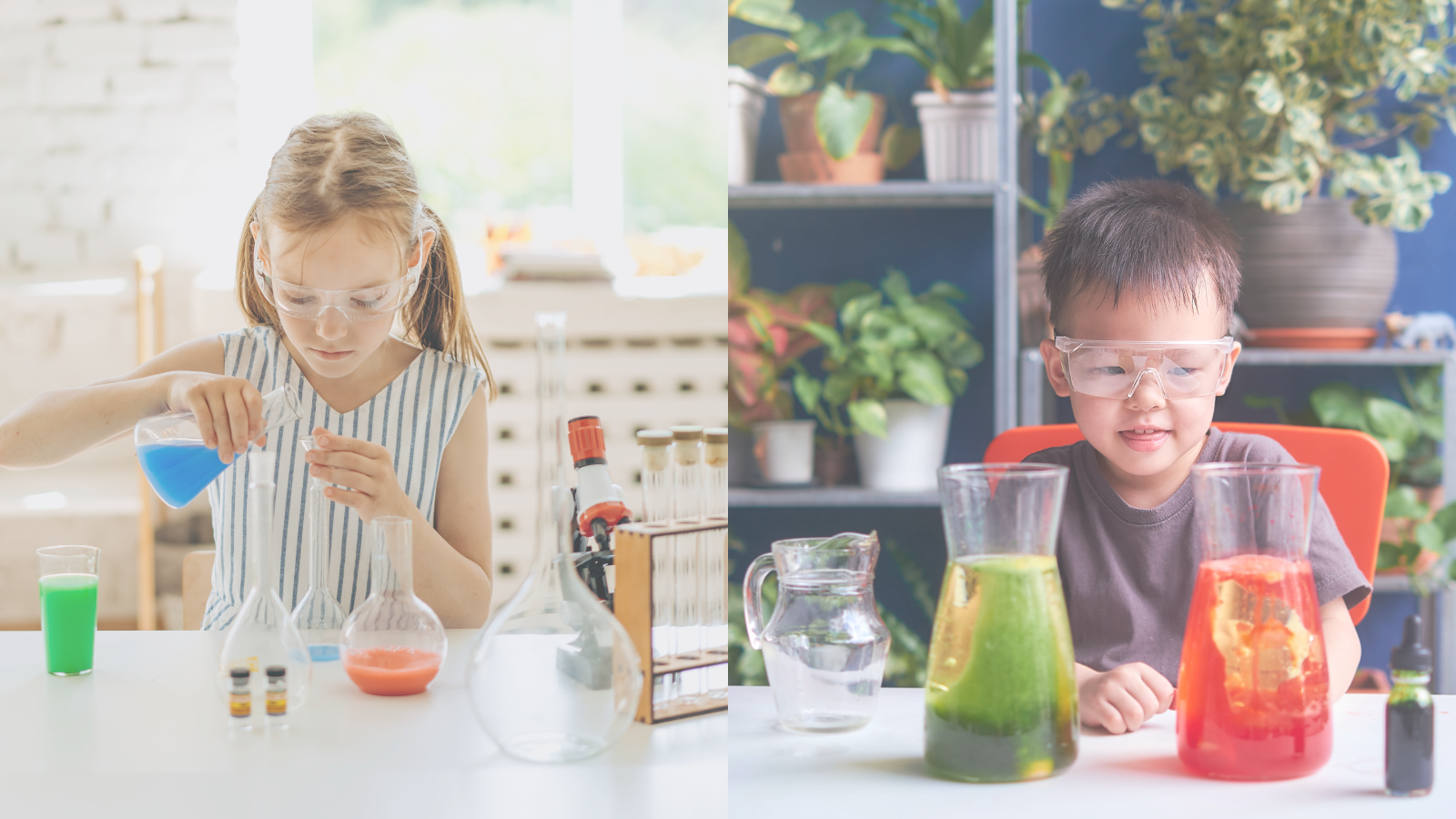 young girl pouring into beaker; young boy looking at beakers